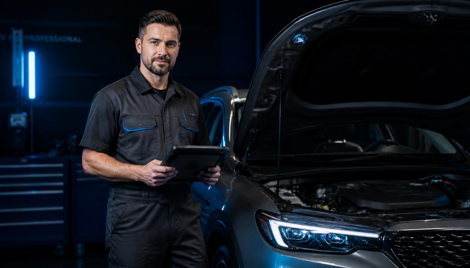 Técnico automotriz con equipo de diagnóstico junto a un vehículo moderno en el taller