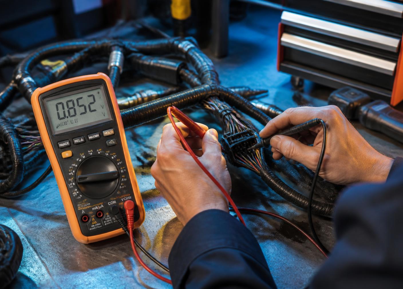 Estudiante midiendo con multímetro un arnés de cables y conectores automotrices en el taller